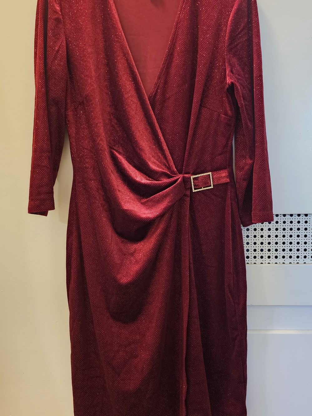 Anne Klein Wine Red Glitter Faux Wrap Velvet 3/4 Sleeve Dress